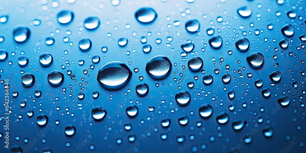 Wall mural Close up of crystal clear raindrops on glass surface. Nature patterns on windowpane. Refreshing rain. Macro shot of glistening water drop