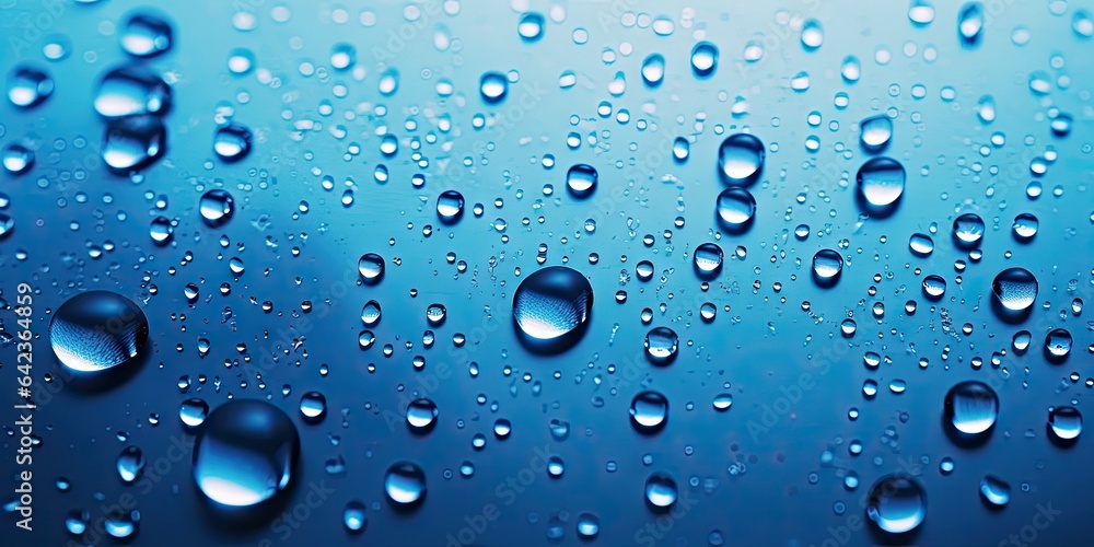 Poster close up of crystal clear raindrops on glass surface. nature patterns on windowpane. refreshing rain