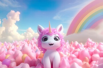 Abstract 3d cute cartoon image of unicorn and rainbow on clouds, cute unicorn background, toy store...