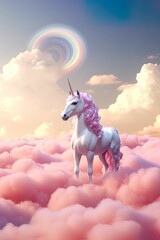 Abstract 3d unicorn and rainbow on clouds (vertical image), cute unicorn background, mother and...