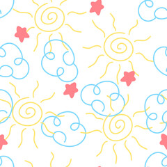 Sun and Clouds Seamless Pattern. Hand Drawn pattern for children
