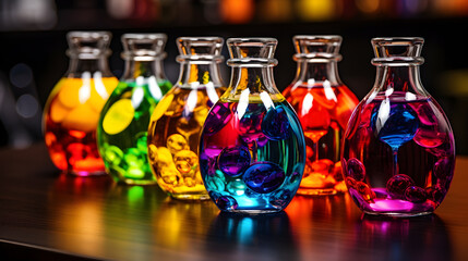 glass of colorful chemical liquid looks like wine or other liquid 