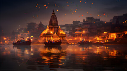 A hindu Vrindavan temple with beautiful lights and water generated by Ai