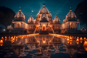 A hindu temple with beautiful lights and water generated by Ai