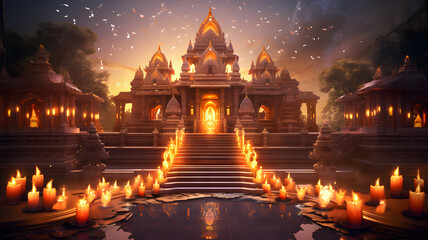 A hindu temple with beautiful lights and water generated by Ai