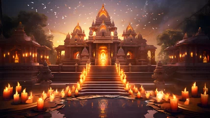 Tuinposter A hindu temple with beautiful lights and water generated by Ai © Dizooka Studio