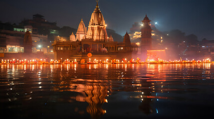 Fototapeta na wymiar A hindu Vrindavan temple with beautiful lights and water generated by Ai