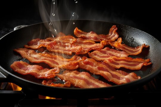 Frying pan filled with slices of brown and crispy bacon cooking on a stove top.