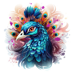 Obraz premium Watercolor Peacock t-shirt design, a close-up view of a peacock's eye-catching plumage, with a focus on the intricate, Generative Ai