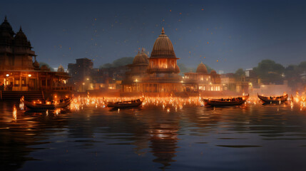 Obraz premium A hindu Vrindavan temple with beautiful lights and water generated by Ai