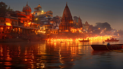 Fototapeta premium A hindu Vrindavan temple with beautiful lights and water generated by Ai