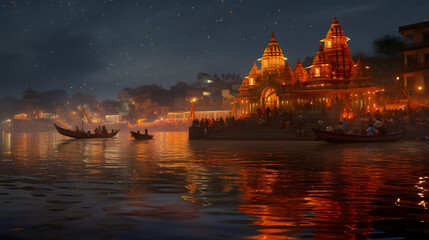 Obraz premium A hindu Vrindavan temple with beautiful lights and water generated by Ai