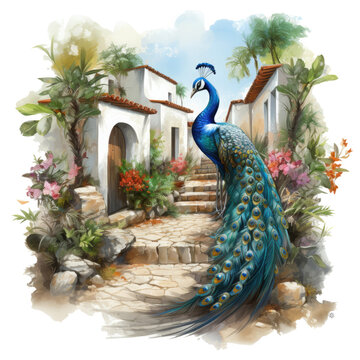 Watercolor Peacock t-shirt design, a graceful peacock gracefully walking on a cobblestone path in a charming vintage garden, surrounded by old stone, Generative Ai