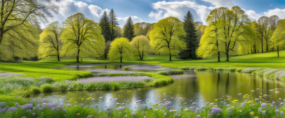 Landscape concept background beautiful meadows and natural pond in springtime