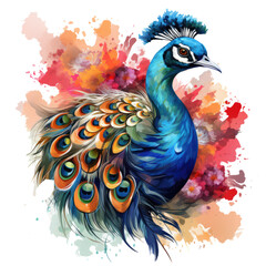 Watercolor Peacock t-shirt design, a peacock surrounded by the four seasons, with its feathers changing colors to represent, Generative Ai