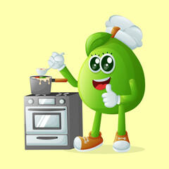 Cute guava character cooking on a stove