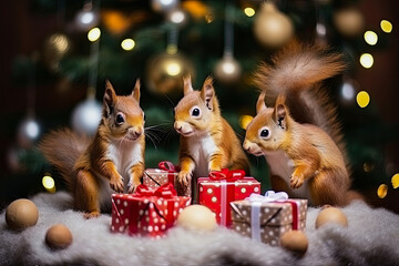 Cute squirrels with gifts and Christmas decorations, generative ai 