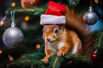 Cute squirrels with gifts and Christmas decorations, generative ai 