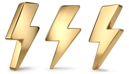 Golden lightning bolt on a white background. 3D illustration