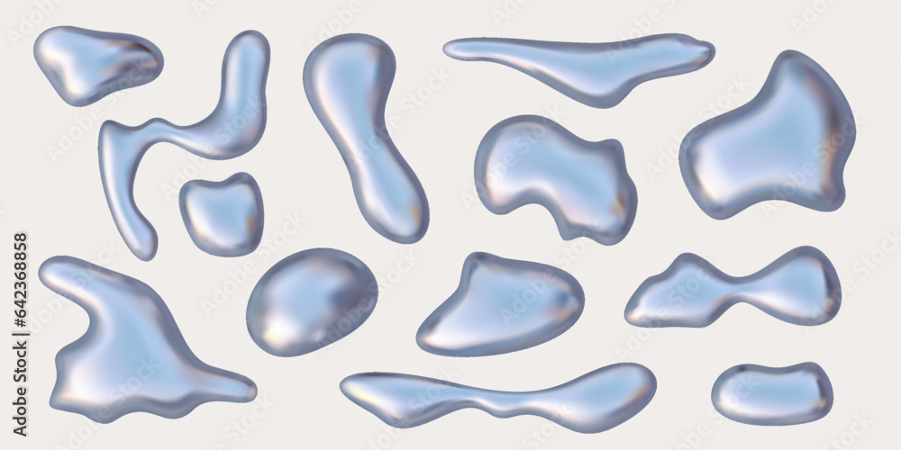Wall mural hologram liquid 3d abstract forms,inflated metal objects vector simple shapes objects in y2k style. 