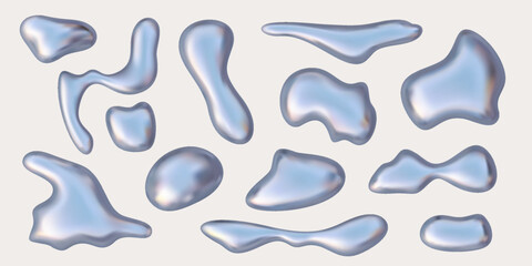 Hologram liquid 3D abstract forms,inflated metal objects vector simple shapes objects in Y2K style. Realisti isolated vector element for moden futuristic design aesthetics