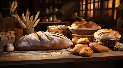 Capture the essence of a bakery with this scene showcasing a variety of freshly baked artisan bread.