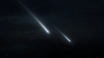 Two fireballs in the sky. Fall of meteorites, meteors at night, glow of meteoroids. Falling stars.