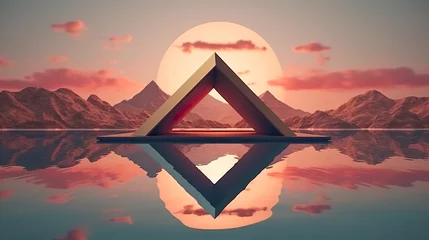 Wall murals Mountains abstract background with triangular geometric frame and mystic landscape. Rocks and water, sunset or sunrise. Modern minimal wallpaper 