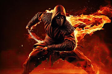 a furious brave ninja warrior in action mood, Man in a hood with a metallic chain in his hands, Fire flame background, dark red furious flame background, flaming ninja in the dark with fire around him