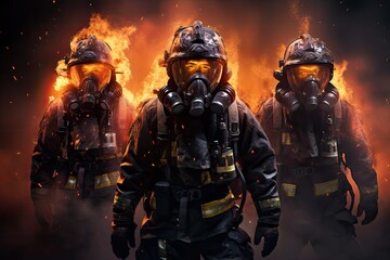 Obraz premium Inferno protectors, Firefighters in uniform and gas mask fighting fire with smoke on background, national heroes, fire fighters at furious work, fire fighters with flames