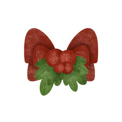 Christmas Red Bow ,berry ,leaves ,decoration, background, merry, watercolor,cartoon character,cute,icon ,vector, illustration,hand drawn