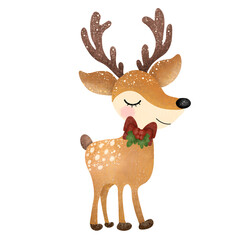 Reindeer with red bow tie,animal,Christmas,PNG,nature,watercolor,cartoon character,cute,icon ,vector, illustration,hand drawn