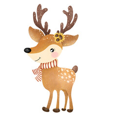Christmas reindeer with flower,Reindeer,animal,Christmas,PNG,nature,watercolor,cartoon character,cute,icon ,vector, illustration,hand drawn