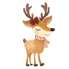 Christmas reindeer with red ribbon,Reindeer,animal,Christmas,PNG,nature,watercolor,cartoon character,cute,icon ,vector, illustration,hand drawn