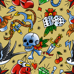 Old School Tattoo Seamless Pattern. Hand Drawn Seamless Pattern	
