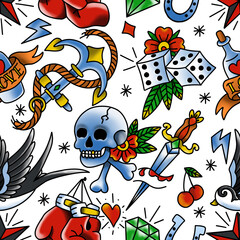 Old School Tattoo Seamless Pattern. Hand Drawn Seamless Pattern	
