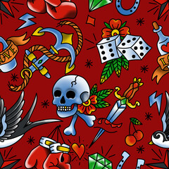 Old School Tattoo Seamless Pattern. Hand Drawn Seamless Pattern	
