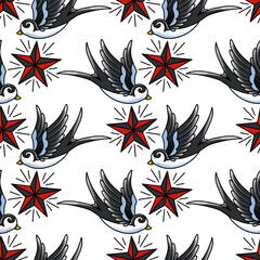 Old School Tattoo Seamless Pattern. Hand Drawn Seamless Pattern	

