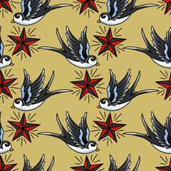 Old School Tattoo Seamless Pattern. Hand Drawn Seamless Pattern	
