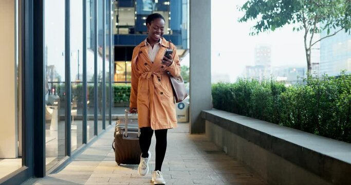 Walking, business and woman with smartphone, travel and luggage with connection, social media and network. African person, traveler and employee with suitcase, cellphone and mobile app with email
