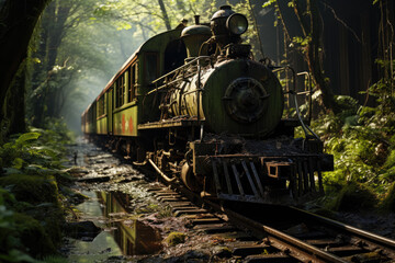 Obraz premium Forgotten old and rusty orange locomotive in the jungle, ai generated.
