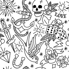 Old School Tattoo Seamless Pattern. Hand Drawn Seamless Pattern	
