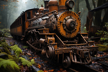 Forgotten old and rusty orange locomotive in the jungle, ai generated.