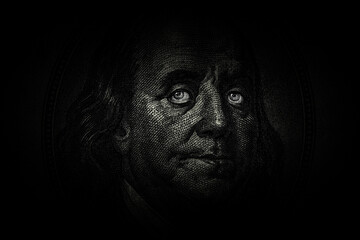Ben Franklin's face with glowing eyes on the old US $100 dollar bill. Macro grunge style photo. Large resolution, large size, high quality. - obrazy, fototapety, plakaty
