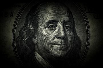 Ben Franklin's face on the old US $100 dollar bill. Macro grunge style photo. Large resolution, large size, high quality. - 642371471