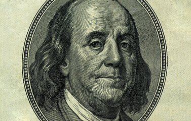 Ben Franklin's face on the old US $100 dollar bill. Macro grunge style photo. Large resolution, large size, high quality. - 642371481