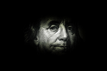 Ben Franklin's face on the old US $100 dollar bill. Macro grunge style photo. Large resolution, large size, high quality. - obrazy, fototapety, plakaty