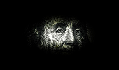 Ben Franklin's face on the old US $100 dollar bill. Macro grunge style photo. Large resolution, large size, high quality.