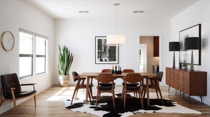 Interior design inspiration of Mid-Century Modern Scandinavian style home dining room loveliness decorated with Wood and Leather material and Statement Light Fixture .Generative AI home interior