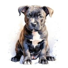 Cute Staffordshire Bull terrier puppy, isolated on white background. Digital watercolour illustration.
